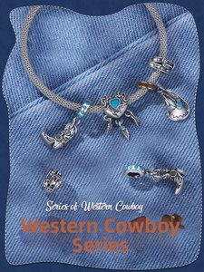 Close-up of Western Cowboy charms with boots and turquoise on silver braided bracelet