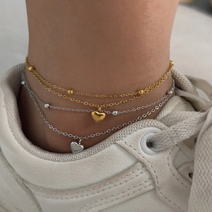 Double Layer Heart Pendant Anklet Stainless Steel Beads Chain Foot Jewelry Minimalist Simple Daily Style For Women