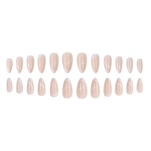Nude pink almond press-on nails with white geometric water-drop flowing line patterns