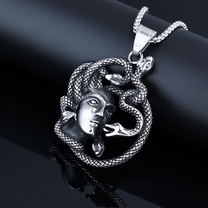Punk style Medusa snake head pendant necklace in vintage silver stainless steel finish