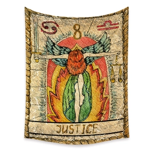Detailed fabric texture of Justice Tarot tapestry with vintage red and yellow print