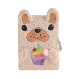 Cute beige A5 plush dog journal with metal lock and colorful cupcake embroidery
