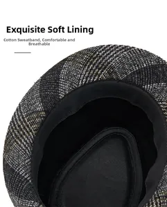 Detail of vintage plaid hat featuring soft cotton sweatband and breathable black lining