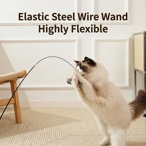 Natural Wood Handle Cat Teaser Wand With Feather Bell Interactive Elastic Spring Steel Wire Cat Toy Replacement Heads Set