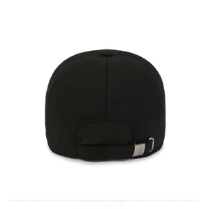 Rear view of black winter baseball cap showing the adjustable silver metal buckle strap