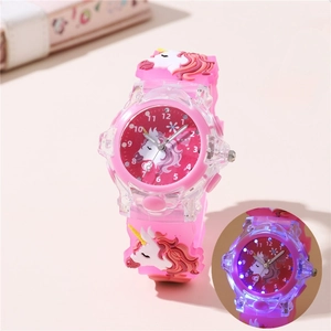 Pink silicone children quartz watch featuring a cartoon unicorn with luminous LED lights