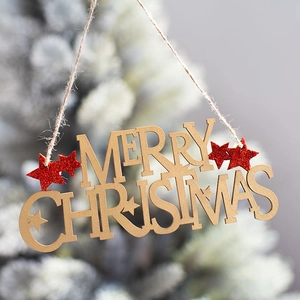 Wooden Merry Christmas hanging sign with red glitter star for festive tree decoration