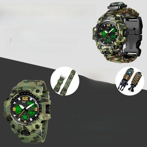 Detail showing tactical survival watch features with camouflage umbrella rope and TPU straps