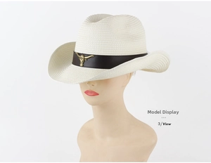 Detail of white straw cowboy hat with brown leather band and brass bull head metal ornament