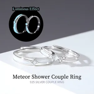 Luminous 925 Sterling Silver Couple Rings Adjustable Meteor Shower Star Moon Heart Zircon Fashion Jewelry For Men Women