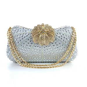 Detail of silver evening clutch featuring rhinestones and a gold floral metal clasp