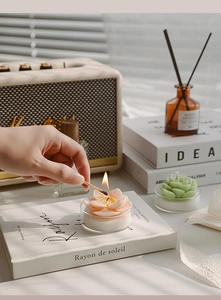Lighting a lotus-shaped pink succulent scented candle in a glass holder for home decor