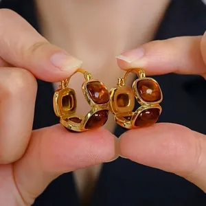 Vintage Oval Hoop Earrings 18K Gold Plated Alloy With Amber Resin And Silver Earring Post Retro French Style Jewelry