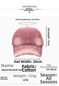 Detailed view of pink distressed cotton baseball cap with worn edges and frayed details