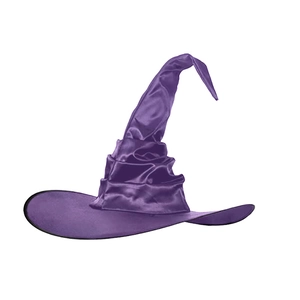 Close-up of a pleated purple satin witch hat with a glossy finish for Halloween costumes