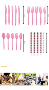 Pink unicorn party cutlery set including knives, forks, spoons and straws with size charts