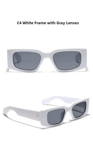 Detail of white rectangular sunglasses C4 with grey lenses and gold star rivets