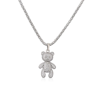 Sparkling silver teddy bear pendant necklace with micro-paved zircons and woven chain