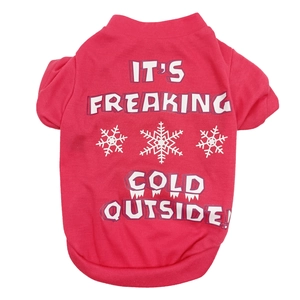 Close-up of pink pet t-shirt with It's Freaking Cold Outside text and snowflake prints