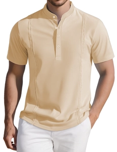 Detail of khaki Henley shirt with vertical pleats and a four-button placket neckline