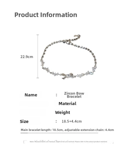 Detailed view of silver zircon bow bracelet with adjustable chain length specifications