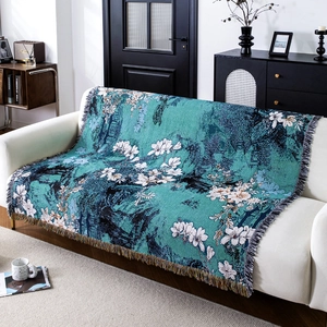 Vintage Floral Woven Throw Blanket Cotton Polyester Jacquard Tapestry With Tassels For Sofa Couch Outdoor Camping Home Decor