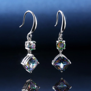 Macro shot of silver drop earrings featuring rainbow mystic topaz and sparkling zircons