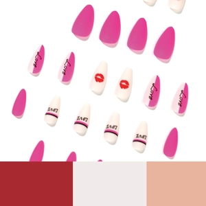 Matte neon pink and white almond press-on nails with love letters and kiss prints