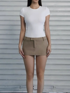 Slim fit white short sleeve T-shirt and khaki mini skirt for a sporty summer look