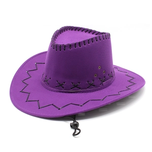 Detail of purple cowboy hat with black decorative stitching and metallic eyelets