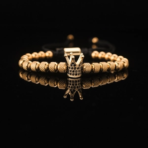 Men's gold crown bead bracelet with black zircon inlay and adjustable woven cord