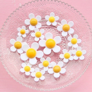 Close-up of assorted white and yellow resin daisy charms on a clear glass plate