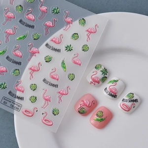 Stickers à ongles 5D en relief avec flamants roses et feuilles de palmier tropicales