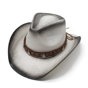 Detail of grey straw cowboy hat showing braided band with vintage metal pendants