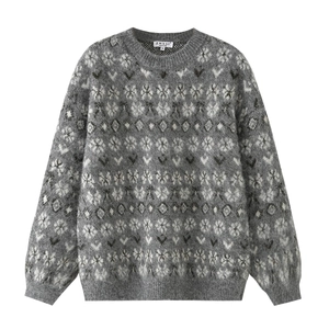 Women Fair Isle Jacquard Sweater Loose Long Sleeve Round Neck Mohair Style Knitwear Grey Snowflake