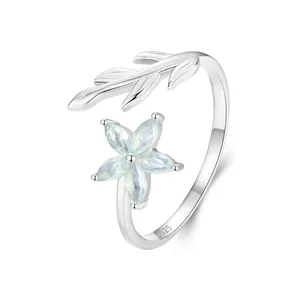 Flower Leaf Open Ring 925 Sterling Silver Platinum Plated Adjustable Light Blue Zirconia Natural Style Jewelry Women