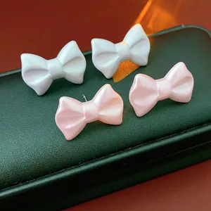 Acrylic Bowknot Stud Earrings With Silver Earring Post Pearloid Sweet Ribbon Style For Women Elegant Fashion Jewelry