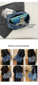 Detail of blue denim chain bag showcasing spacious interior for tablets and cosmetics