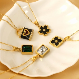 Elegant gold-plated stainless steel necklaces with enamel heart and gemstone pendants