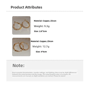 Tableau détaillé des tailles et poids pour boucles d'oreilles en cuivre et zircone