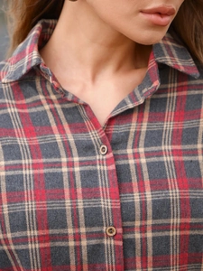 Plaid long sleeve lapel shirt in red and grey vintage flannel style for women
