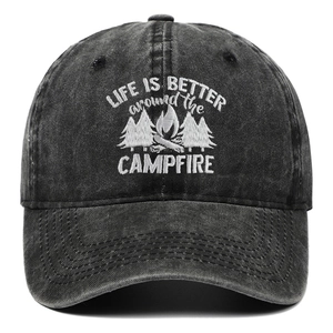 Dark gray washed cotton baseball cap featuring Life is Better campfire embroidery
