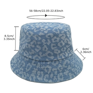 Blue leopard print denim bucket hat for women showing front view and dimensions