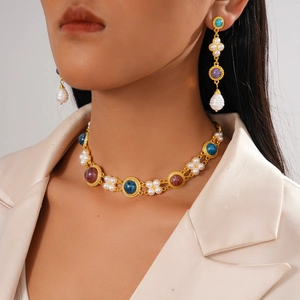 Vintage Palace Jewelry Necklace And Earrings Alloy Colorful Resin Faux Artificial Pearl With Silver Earring Post