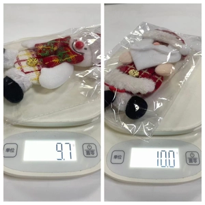 Detailed view of handmade Christmas plush ornaments weighing between 9.7g and 10.0g