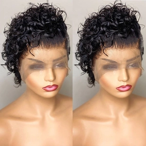 Peluca corta rizada negra estilo afro para mujer con línea de cabello natural y mucho volumen