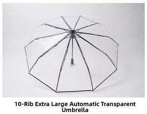 Detail van 10-ribs automatische transparante paraplu met stevige zwarte metalen structuur