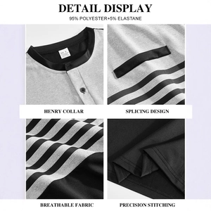 Grey and black patchwork Henley shirt for men with long sleeves and detailed collar design