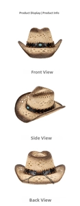 Detailed views of a hollowed western straw cowboy hat with turquoise bead and leather band