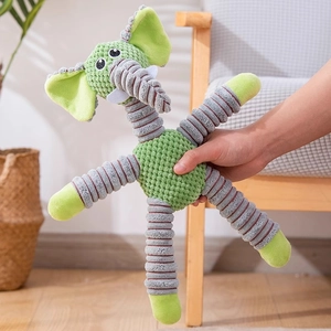 Plush squeaky elephant dog toy with long striped limbs for interactive pet chewing and play